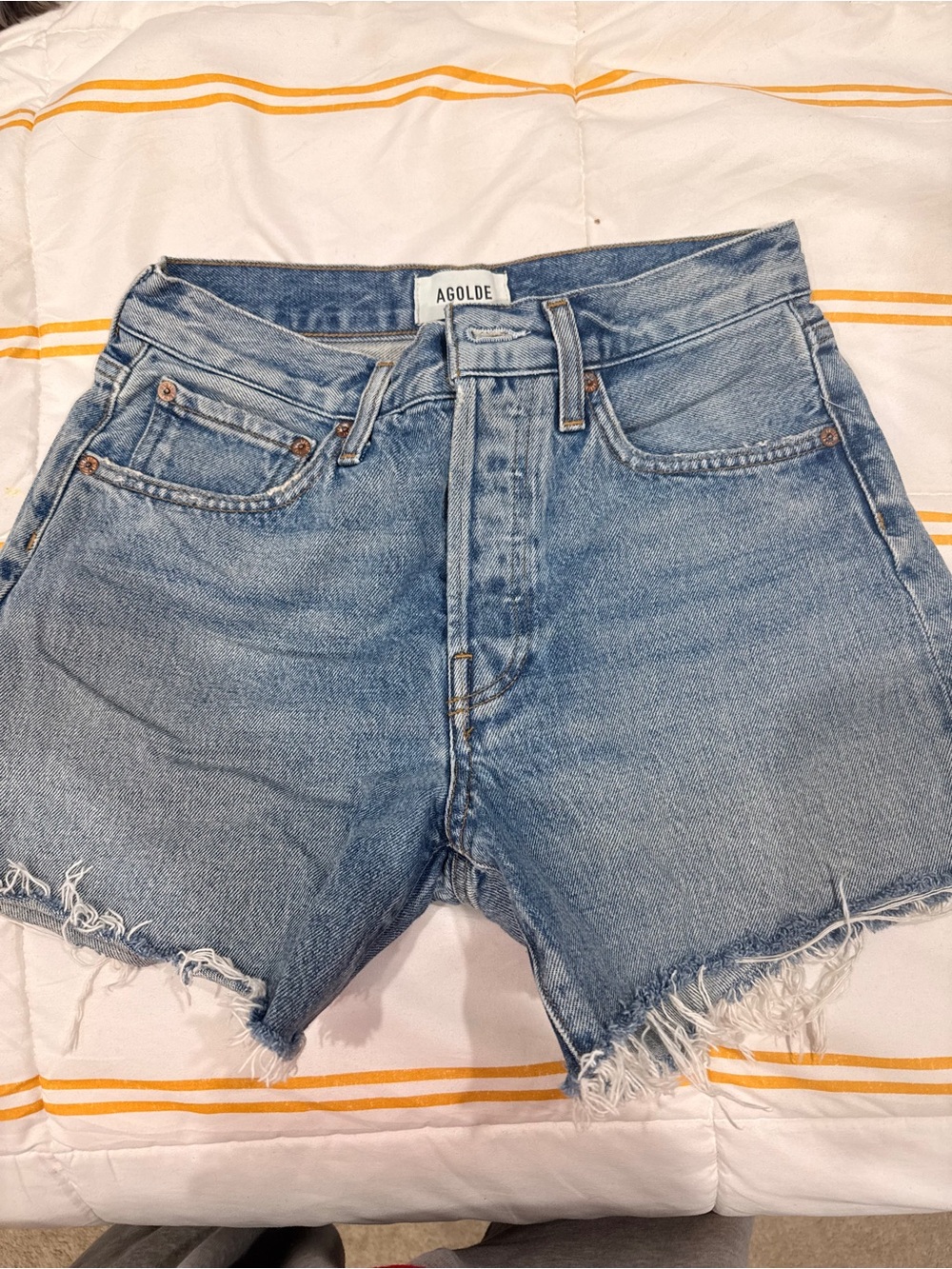 Agolde Light Blue High-Rise Frayed Hem Denim Shorts
